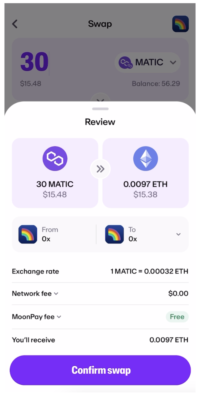 A screenshot of a MoonPay Swap transaction confirmation screen.