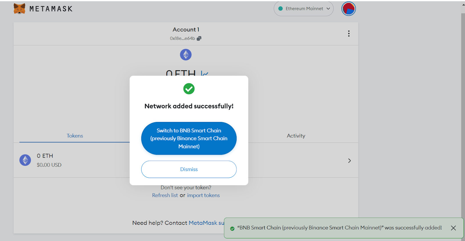 A pop-up screen showing the Switch to BNB Smart Chain option.