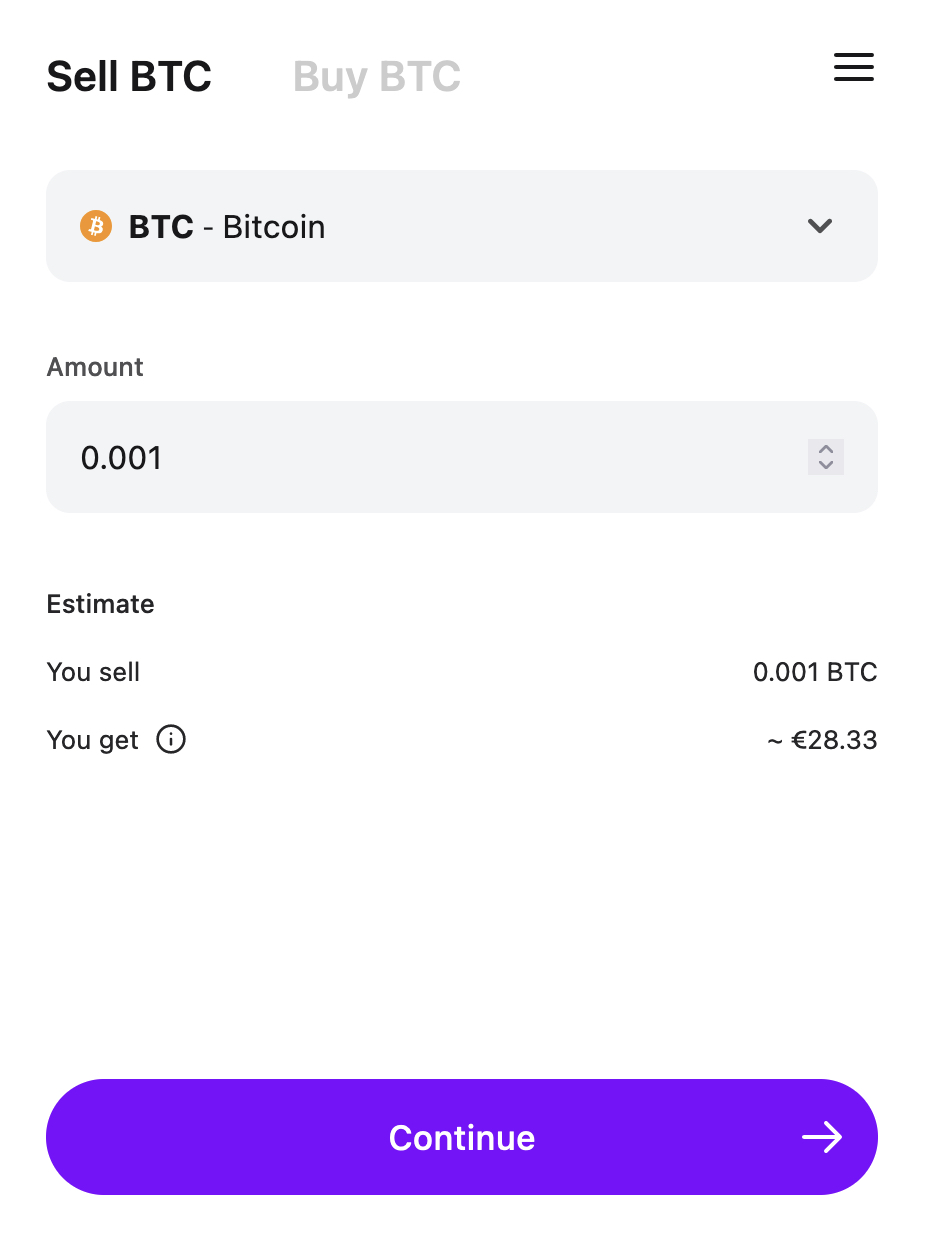 Trust Wallet Sell BTC screen