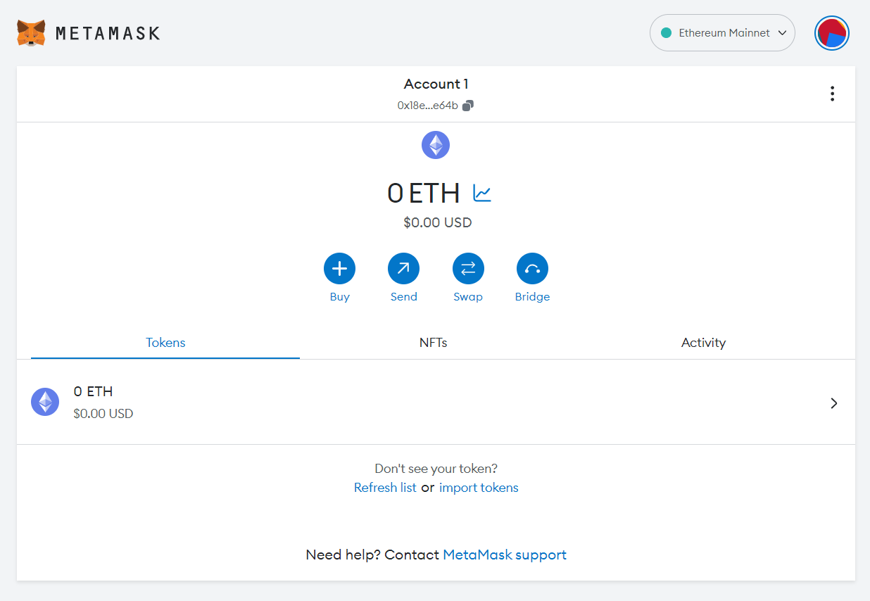 A screenshot of a MetaMask wallet home screen.