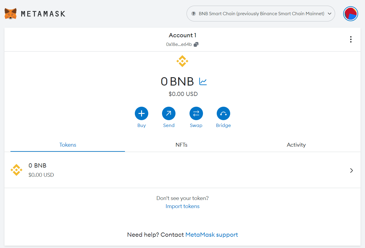 A MetaMask wallet screen connected to Binance Smart Chain.