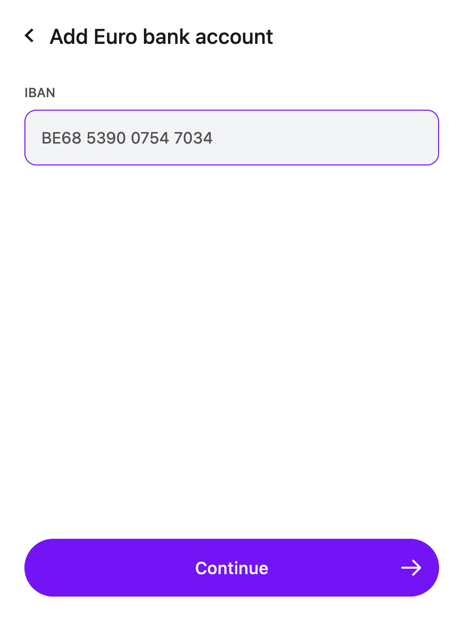 Trust Wallet Add Euro bank account details screen