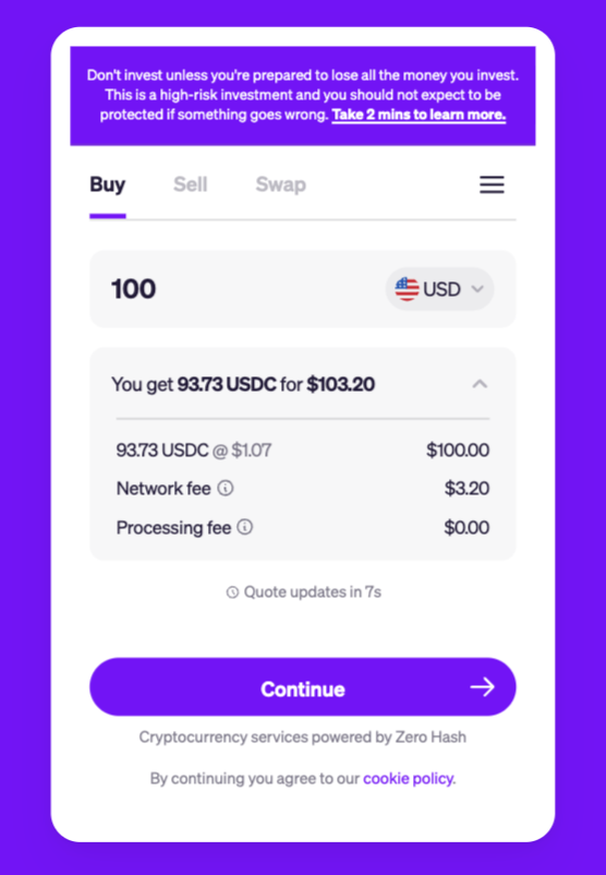 A screenshot of MoonPay’s buy USD Coin widget.