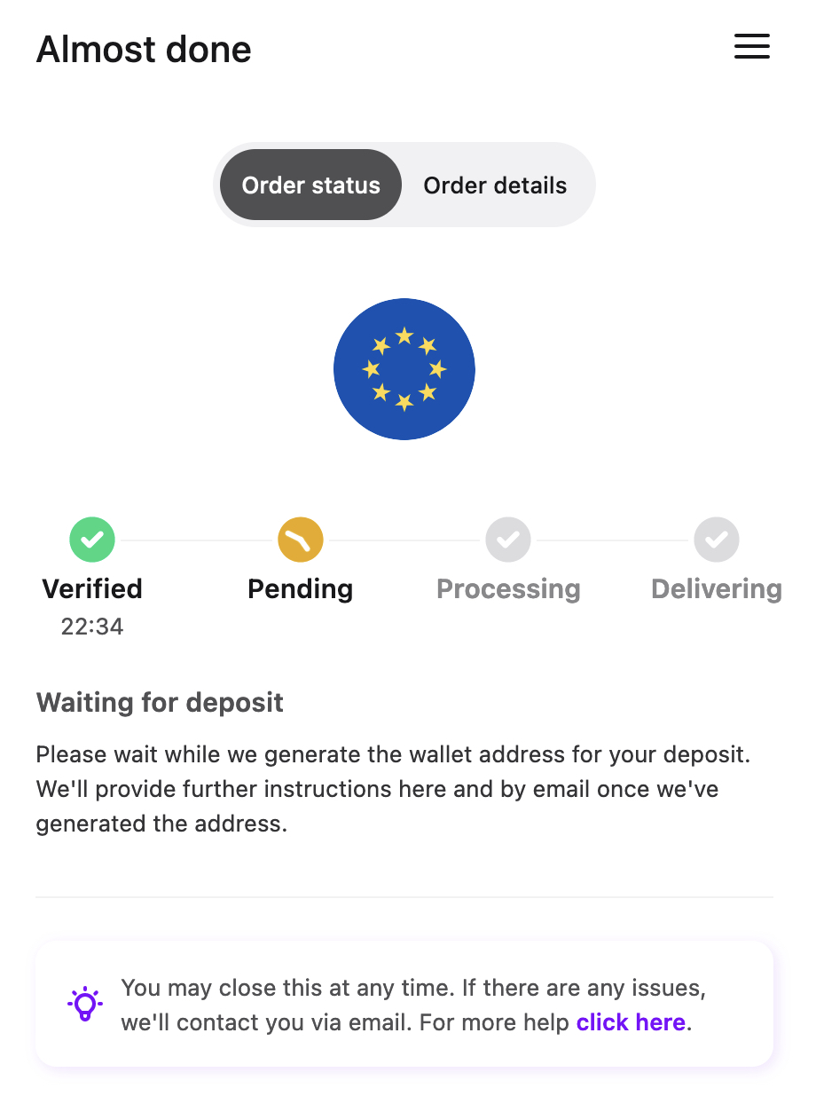 Trust Wallet Order pending screen