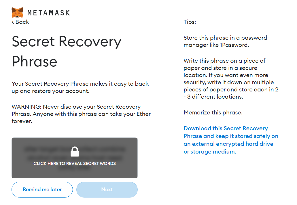 MetaMask secret recovery screenshot