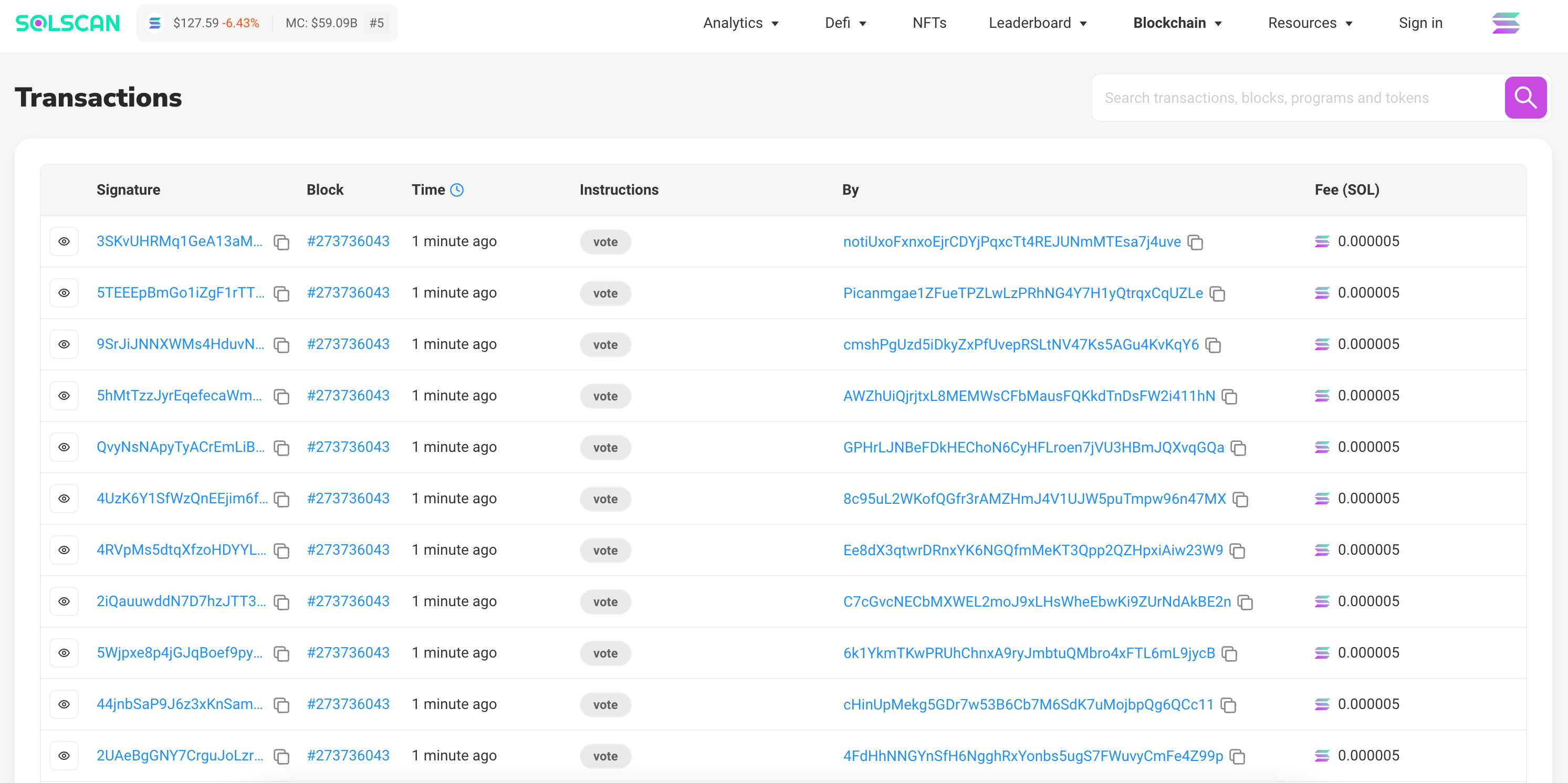 A screenshot of recent transactions on SolScan.