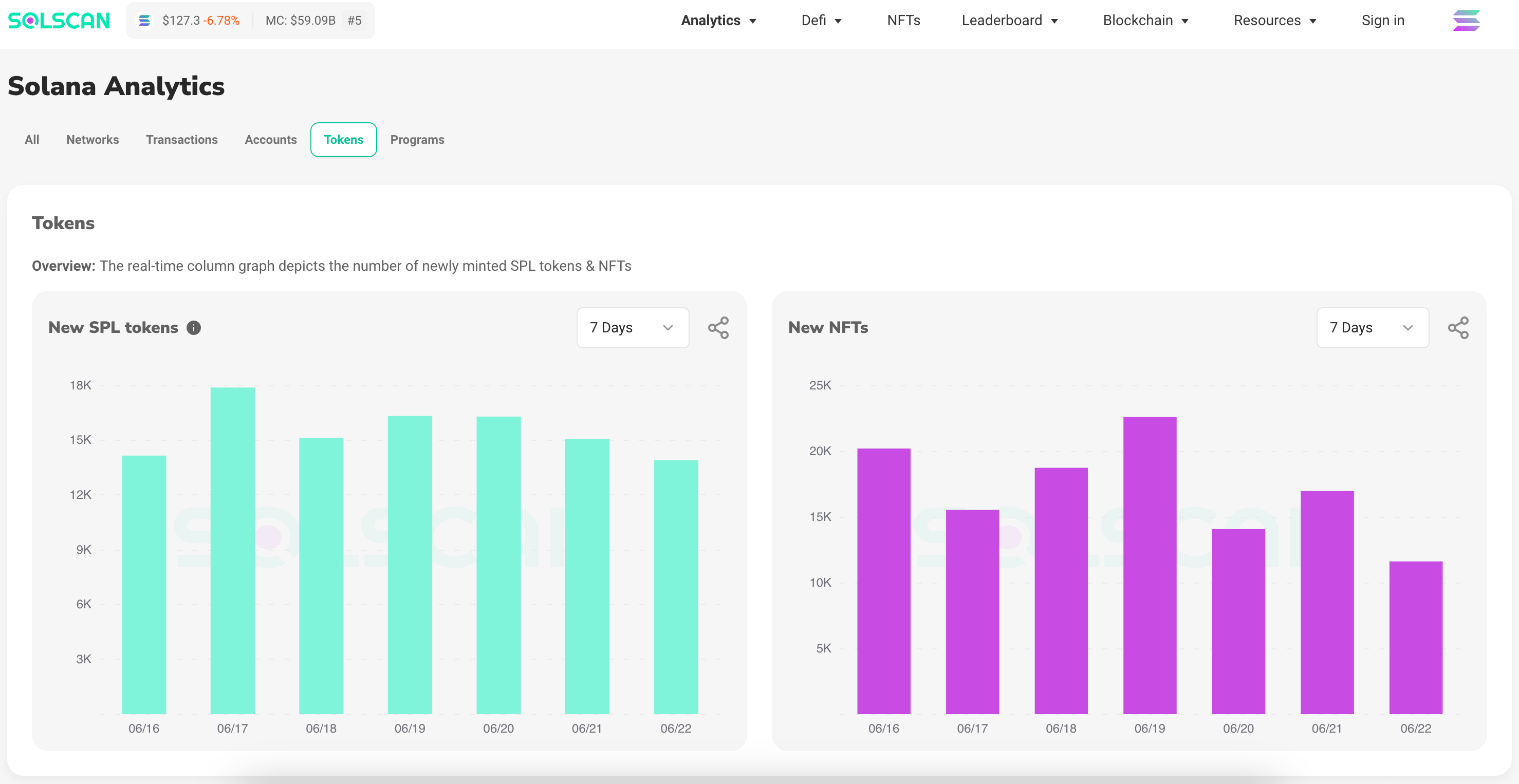 A screenshot of the data for tokens on SolScan.