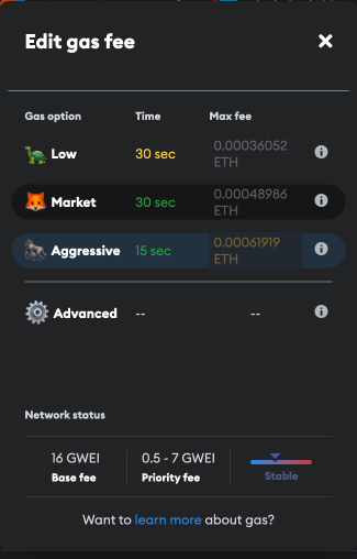 A MetaMask screenshot displaying gas fee details for an ETH transfer.