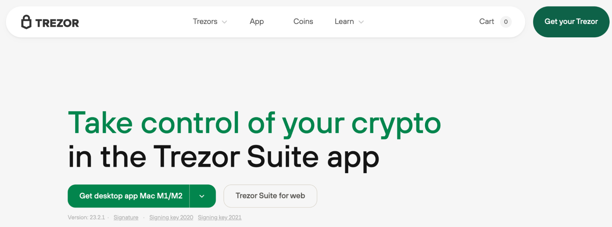 Screenshot of Trezor Suite website.