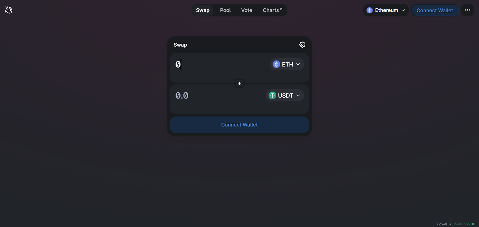 A screenshot showing how to select the tokens you want to swap and receive on Uniswap.