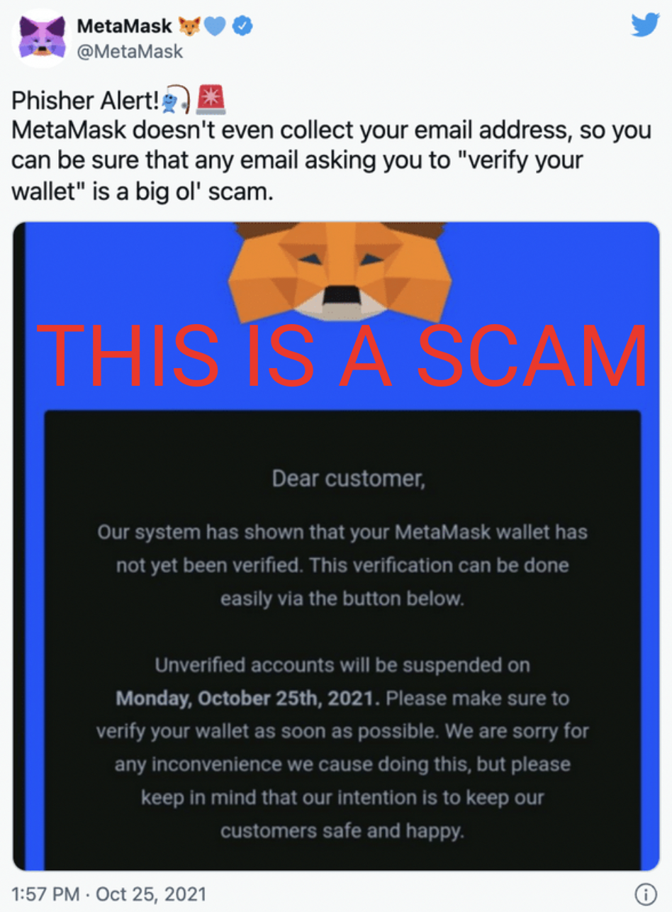 A screenshot of a MetaMask tweet warning users about common phishing scams.