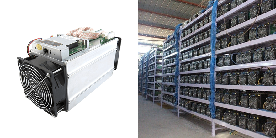 Collage of an ASIC miner and ASIC miner farm.