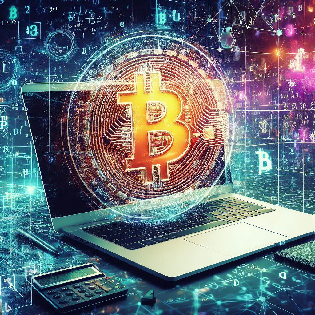 An image of a laptop on a background of complex mathematical problems opposite a Bitcoin logo.