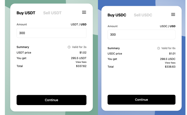 A screenshot of MoonPay's Buy USDT and Buy USDC widgets.