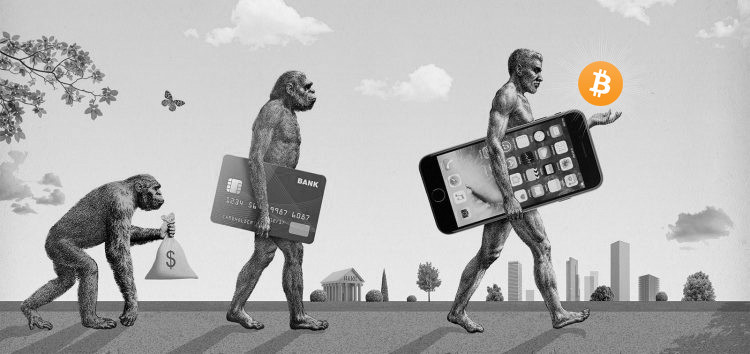 An image of the evolution of man using Bitcoin and cryptocurrency imagery.