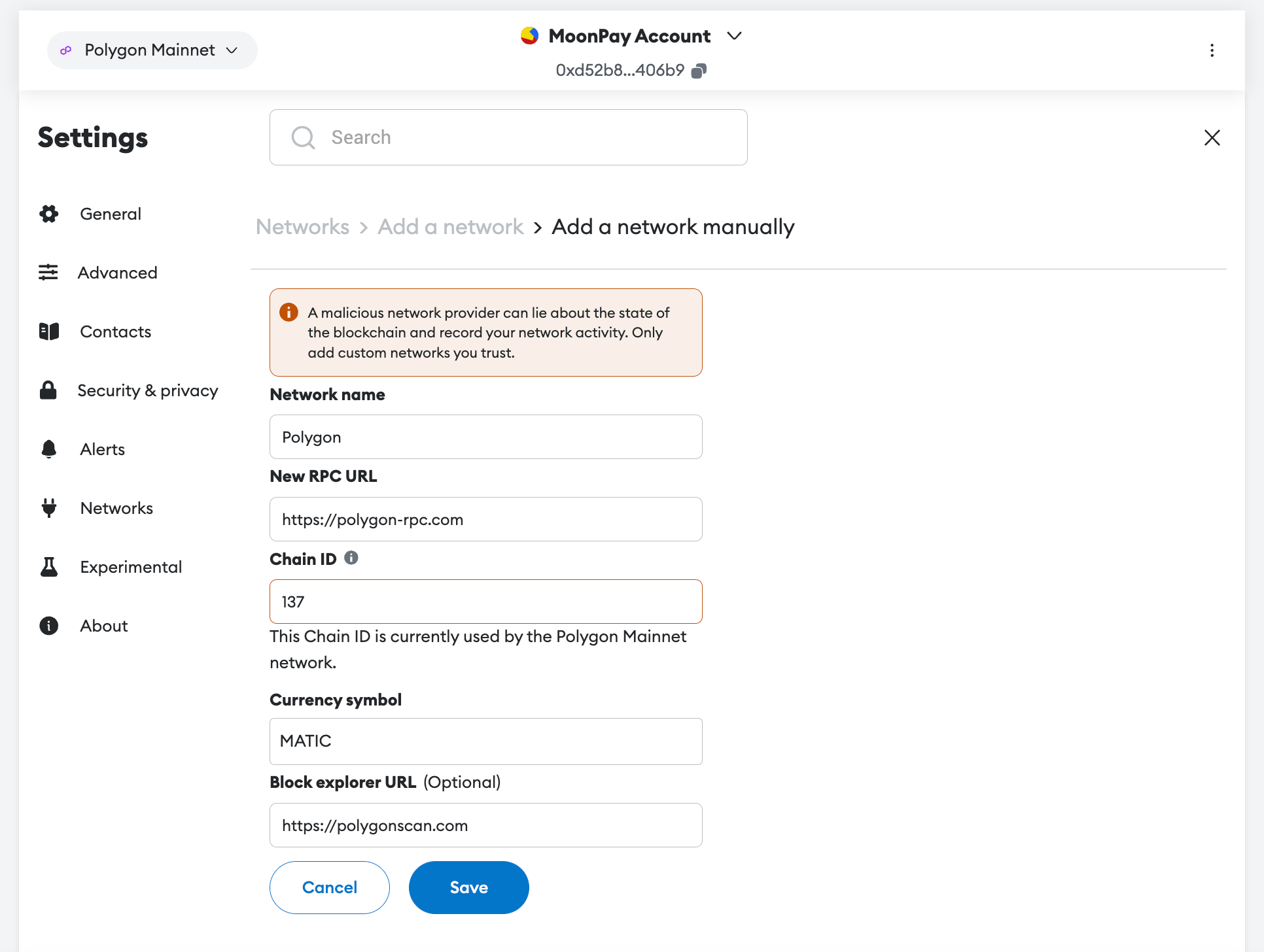 Screenshot showing how to add Polygon to MetaMask manually