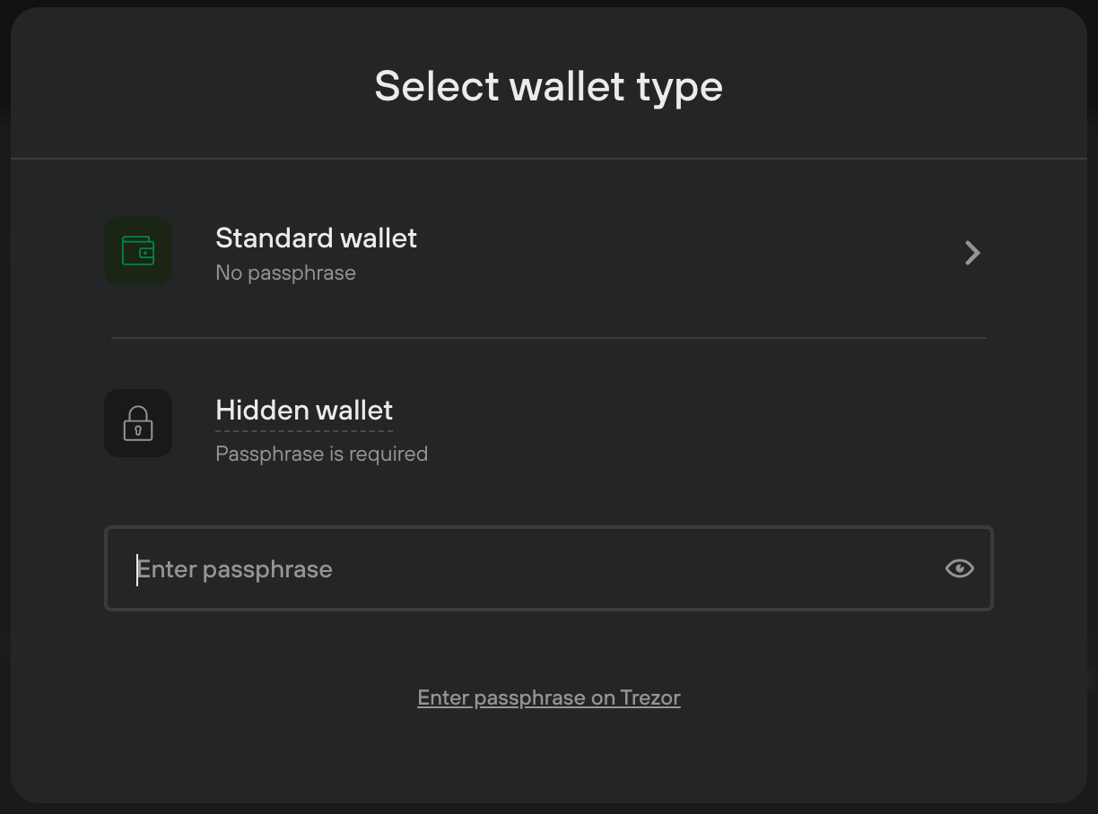 Trezor select wallet type screenshot