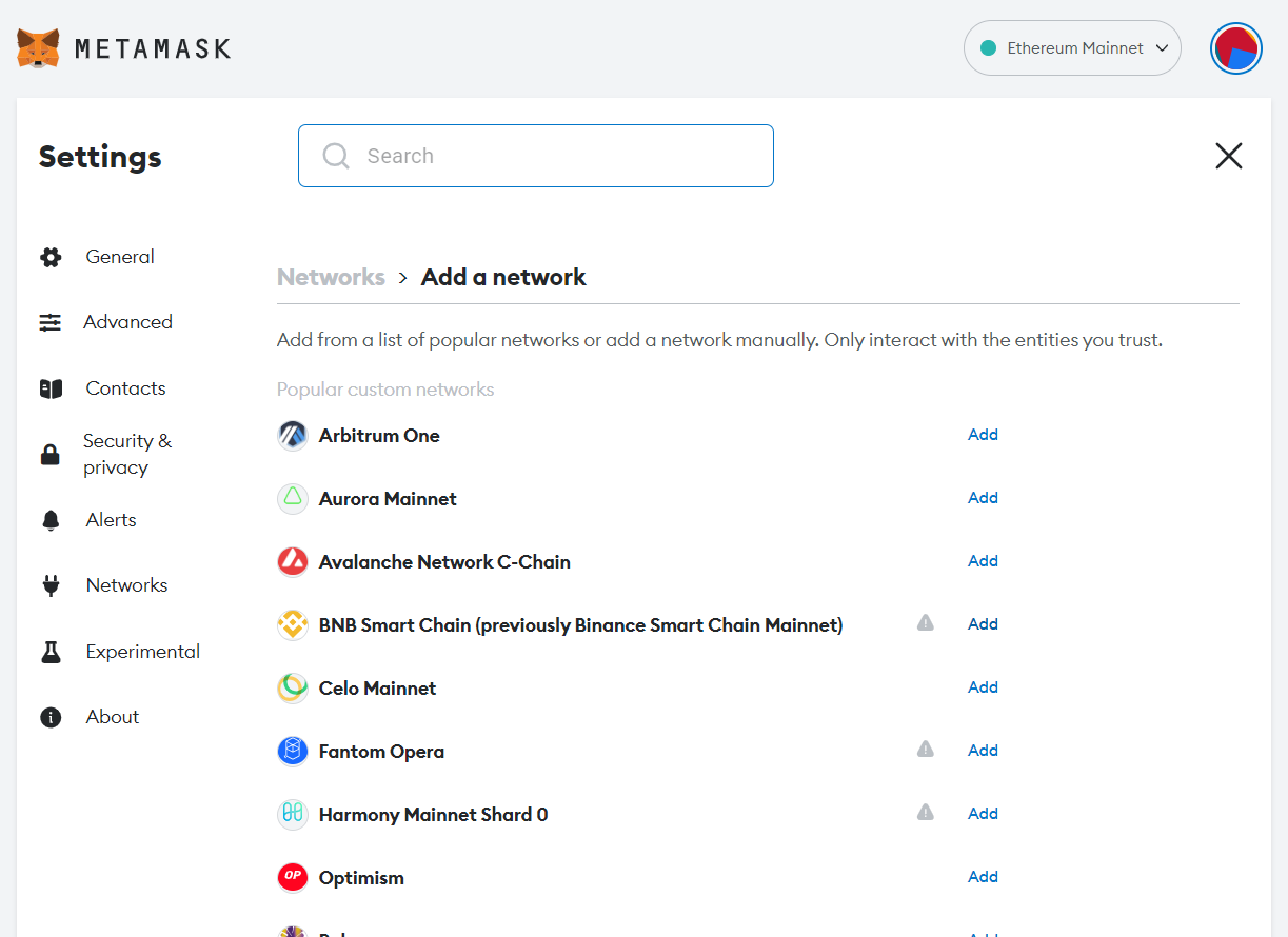 A MetaMask screen showing a list of supported blockchain networks to connect MetaMask.