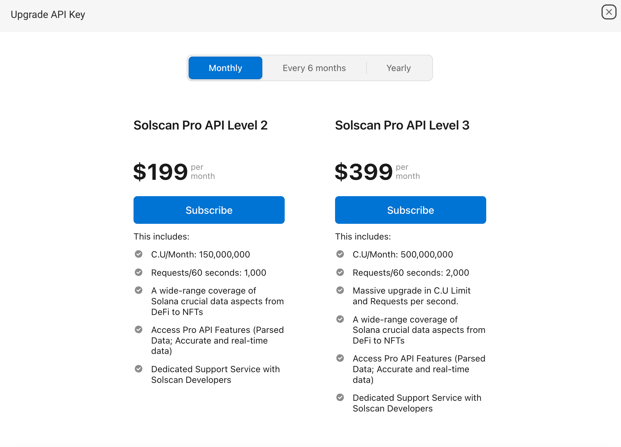 The screen to purchase advanced API management on SolScan.