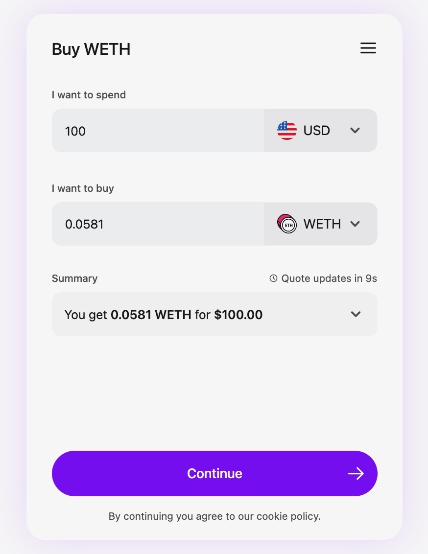 A screenshot of the MoonPay purchase widget.