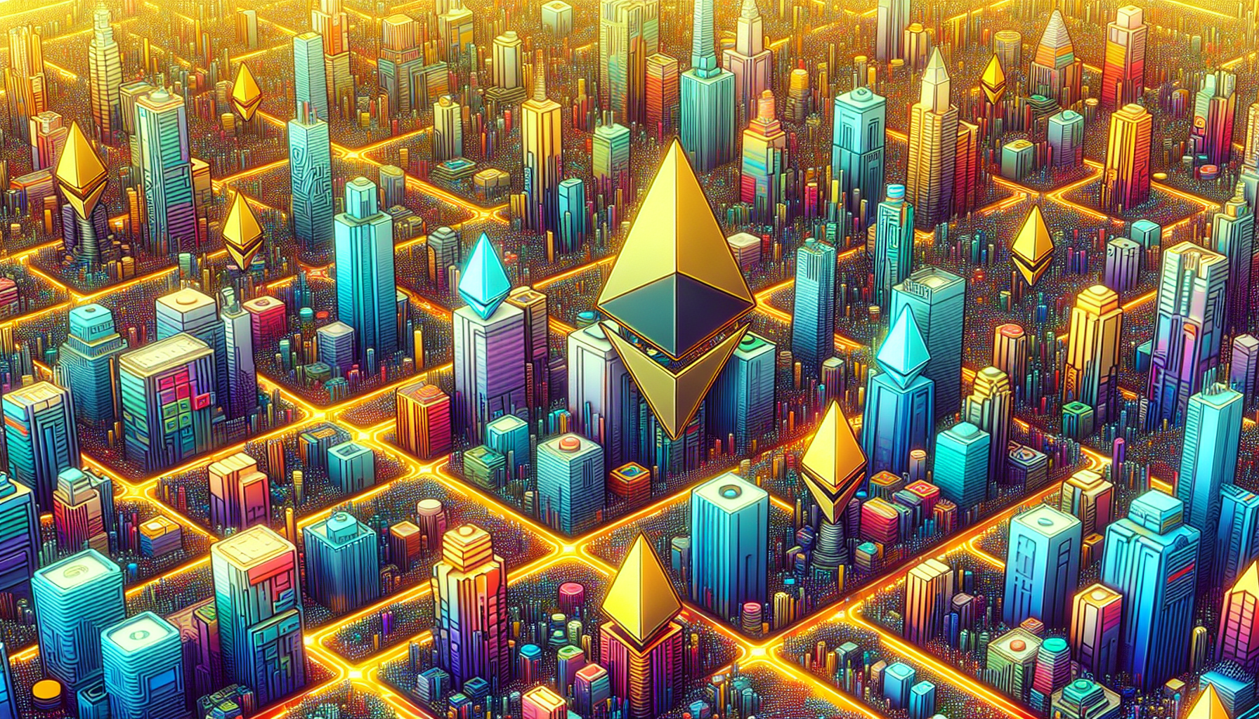 An image of various Ethereum logos spread across a city landscape.