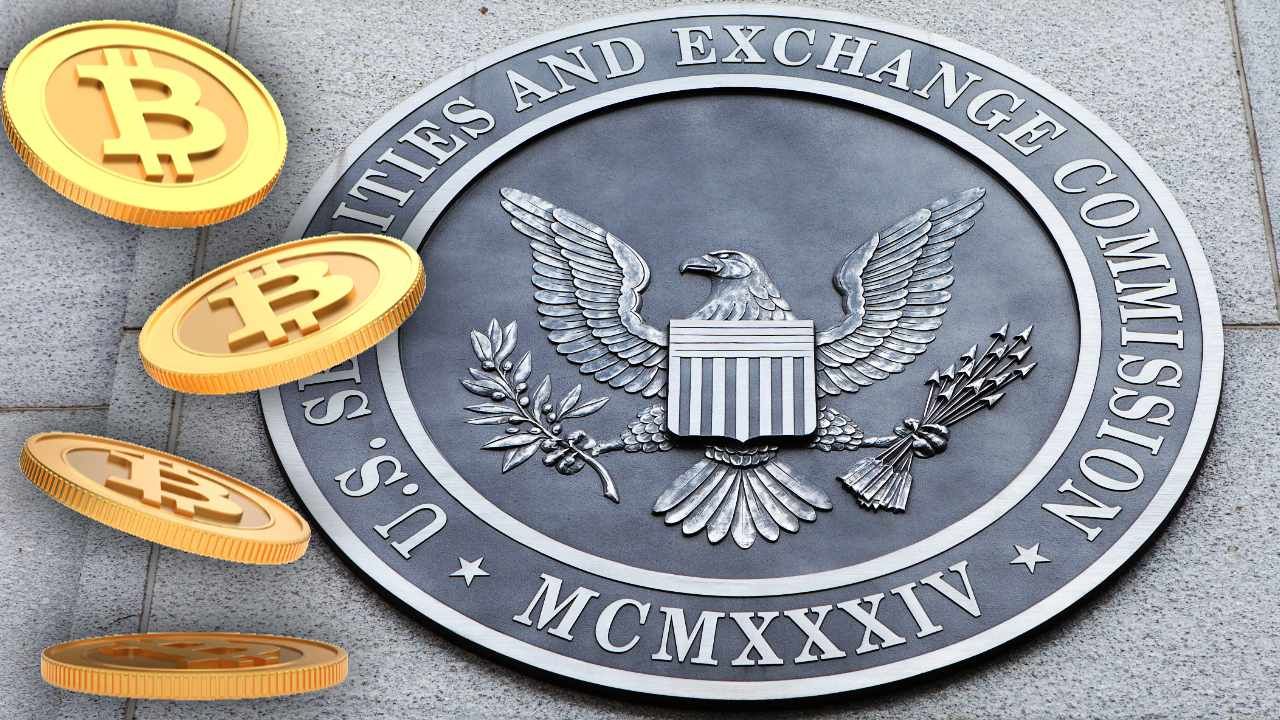 An image of the SEC logo with Bitcoins