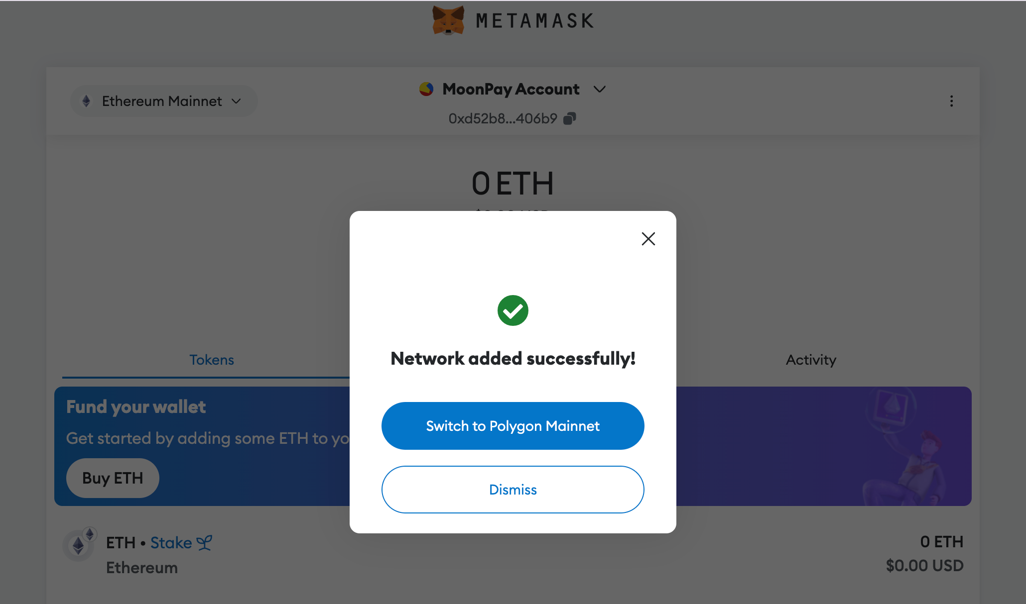 Screenshot showing a successful connection of Polygon to MetaMask