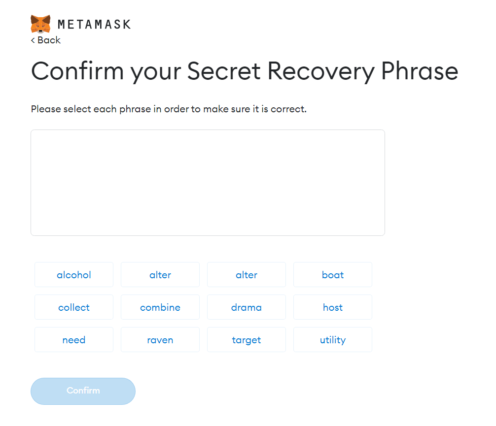 MetaMask confirm secret recovery phrase screenshot