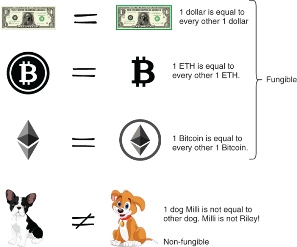 An image explaining the concept of fungibility using currencies.